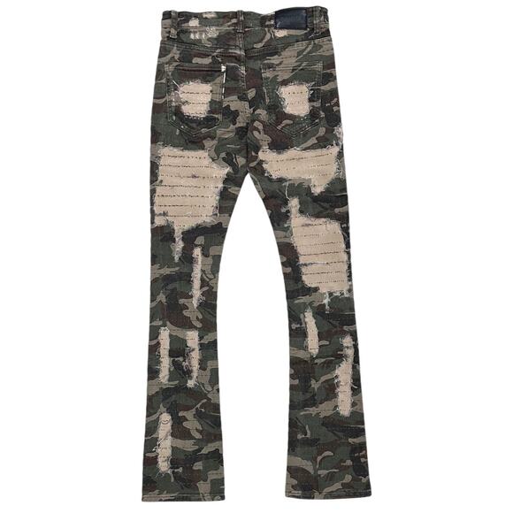 GFTD LA Los Angeles Men's Skinny Stacked Flared Distressed Rip Camo Denim Jeans - Picture 2 of 4
